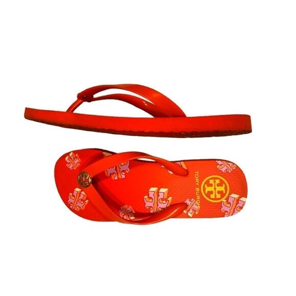 Tory Burch TPU/EVA Flip Flop Sandals Poppy Red Crazy Logo Gold Logo | 8 - Picture 4 of 9